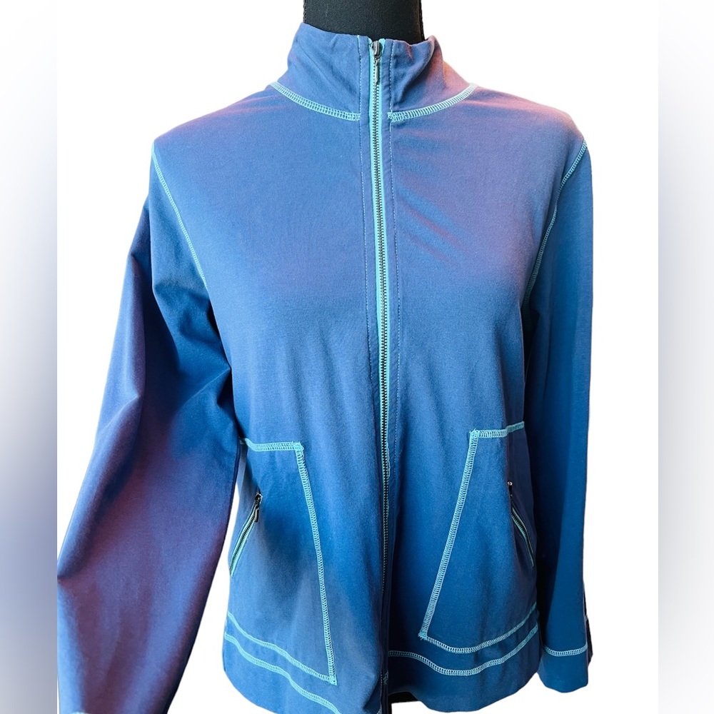 NWT Sigrid Olsen Blue With Teal Stitch Lightweight Zipper Jacket Size Petite Med